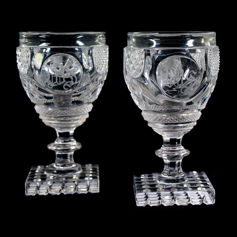 Pair of lead crystal goblets with a square plinth, Ireland around 1835