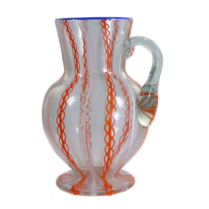 Filament glass pitcher with fused spiral bands and raised base