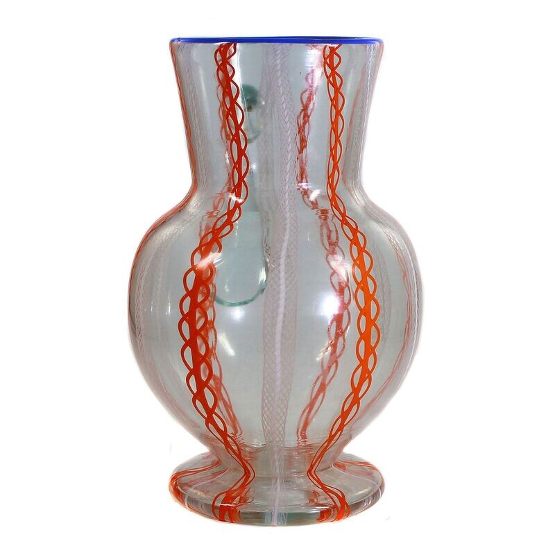 Filament glass pitcher with fused spiral bands and raised base