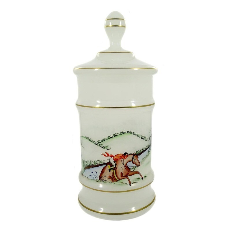 Large lidded box made of opaque white glass with transparent painting, Josephinenhütte