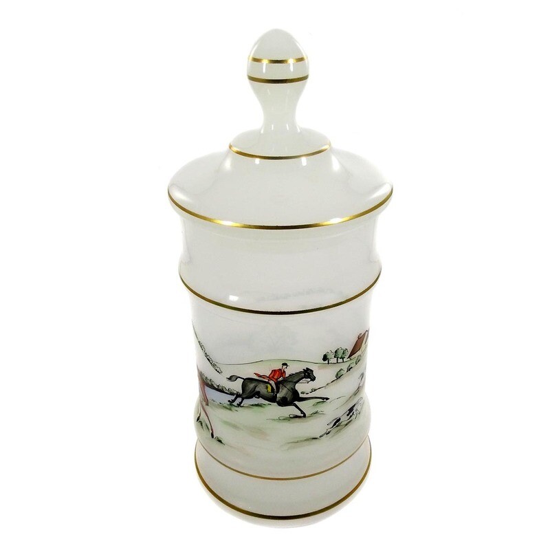 Large lidded box made of opaque white glass with transparent painting, Josephinenhütte