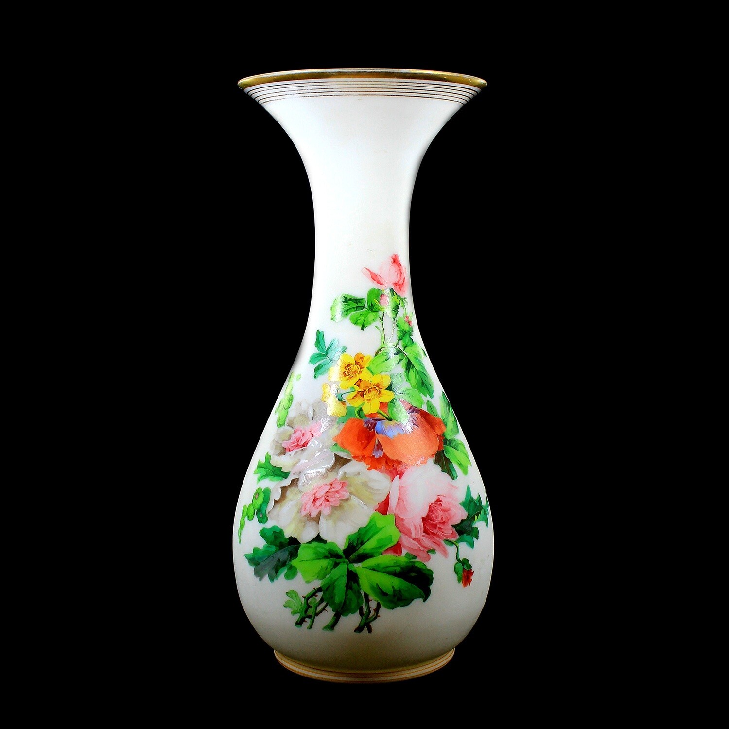 Large milk glass vase with polychrome painting, Josephinenhütte around 1860-70