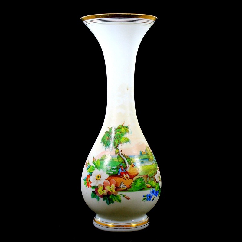 Large milk glass vase with polychrome painting, Josephinenhütte around 1860-70