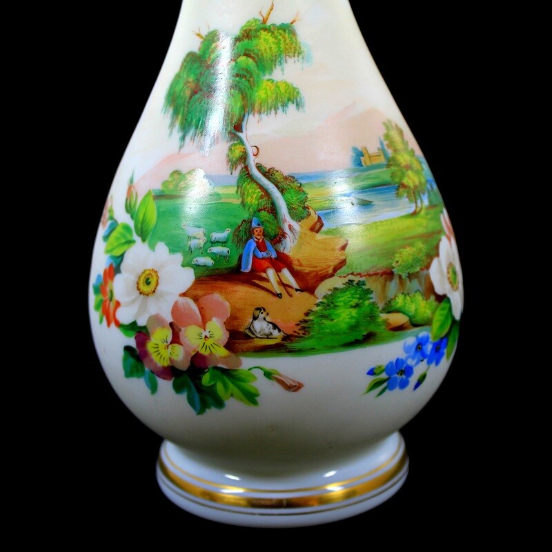 Large milk glass vase with polychrome painting, Josephinenhütte around 1860-70