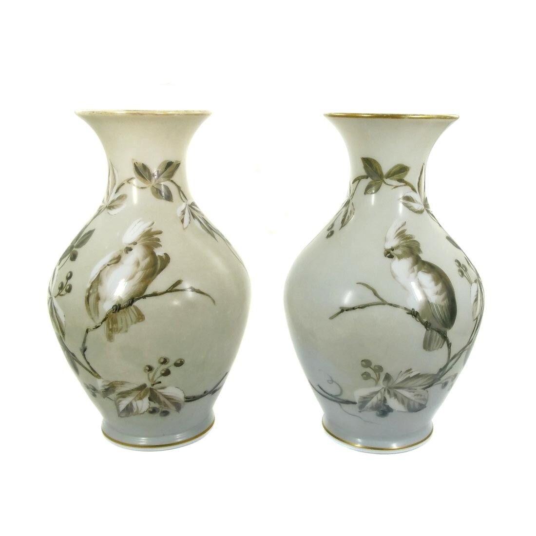 Pair of milk glass baluster vases with parrots, New World around 1860-70