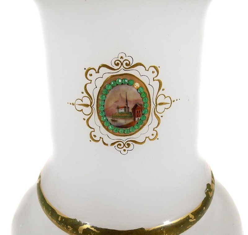 Alabaster glass pedestal with medallion, Josephinenhütte or Neuwelt