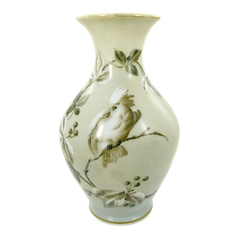 Pair of milk glass baluster vases with parrots, New World around 1860-70