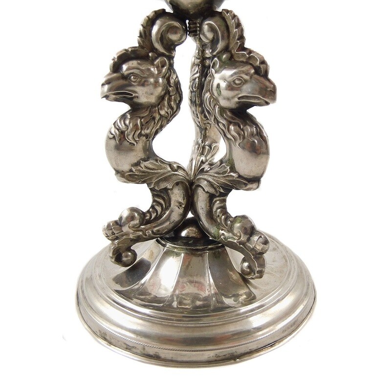Elaborately crafted tazza with a silver base and mythical creatures, Bohemia around 1835-40.
