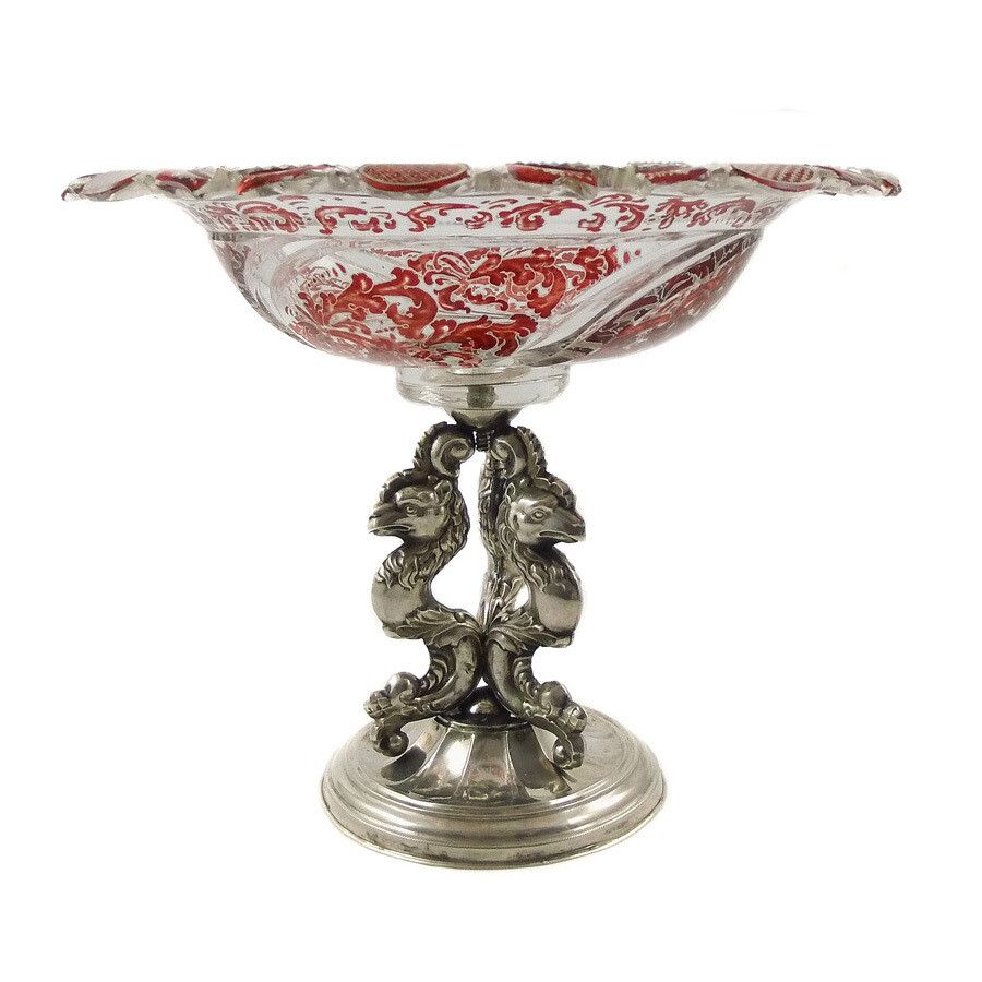 Elaborately crafted tazza with a silver base and mythical creatures, Bohemia around 1835-40.