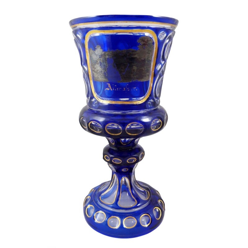 Cobalt blue overlaid cup with view from. Altwasser, Josephinenhütte around 1850