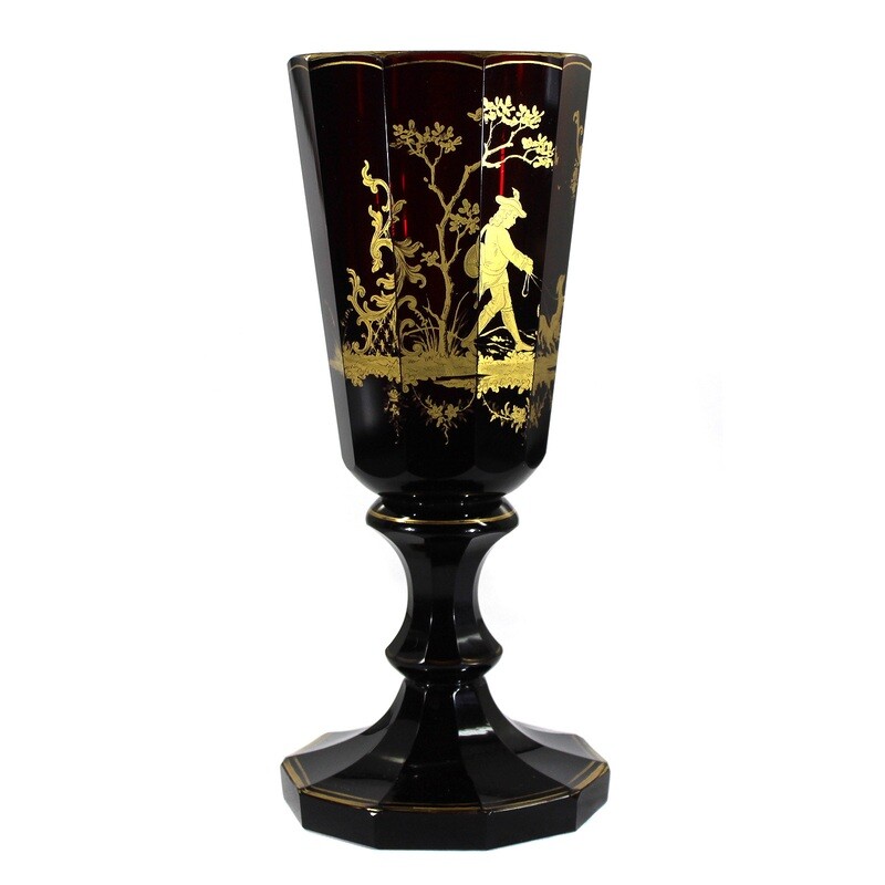 Multi-faceted ruby glass goblet with polished gold painting around 1850