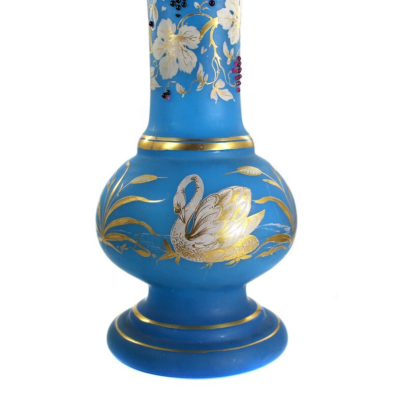 Large vase made of light blue tinted alabaster glass with enamel painting, around 1840-50