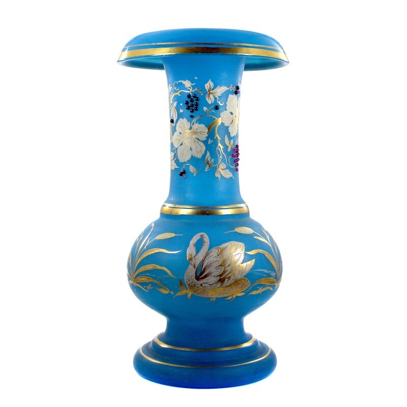 Large vase made of light blue tinted alabaster glass with enamel painting, around 1840-50