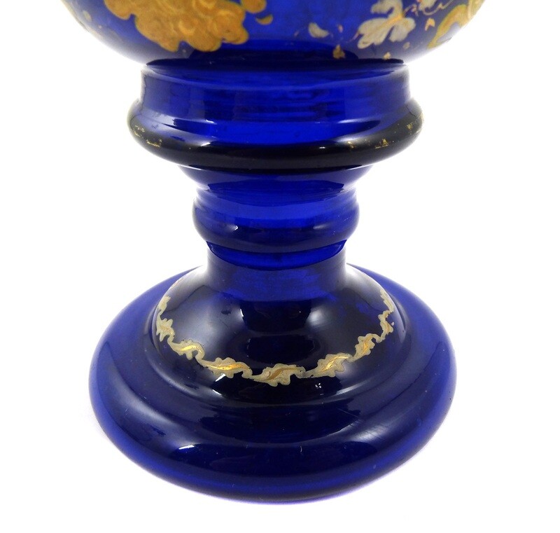 Cobalt blue baluster vase with opaque enamel painting, Josephinenhütte around 1850