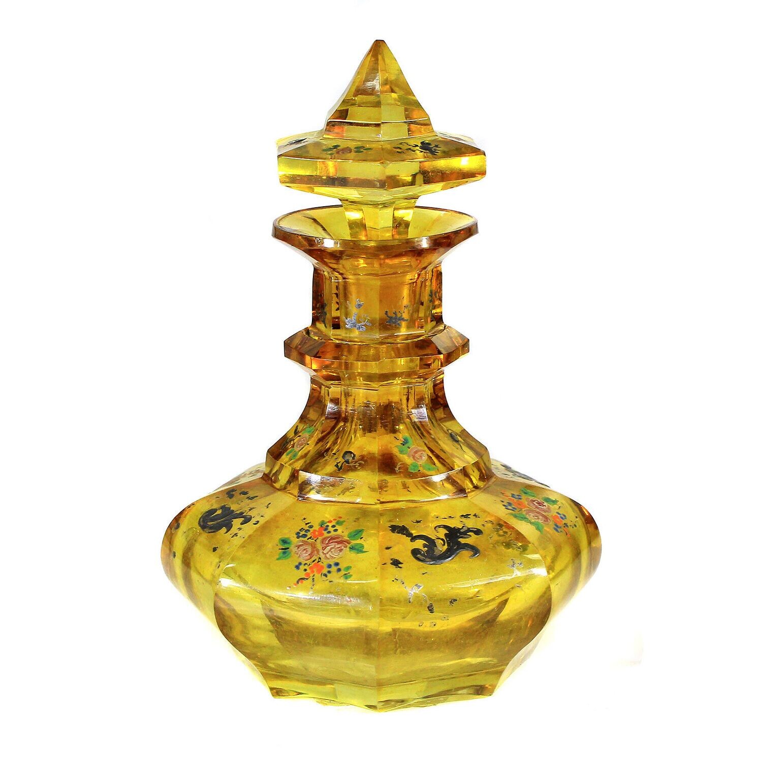 Bottle made of amber-colored glazed glass with floral decoration, Bohemia around 1840-50