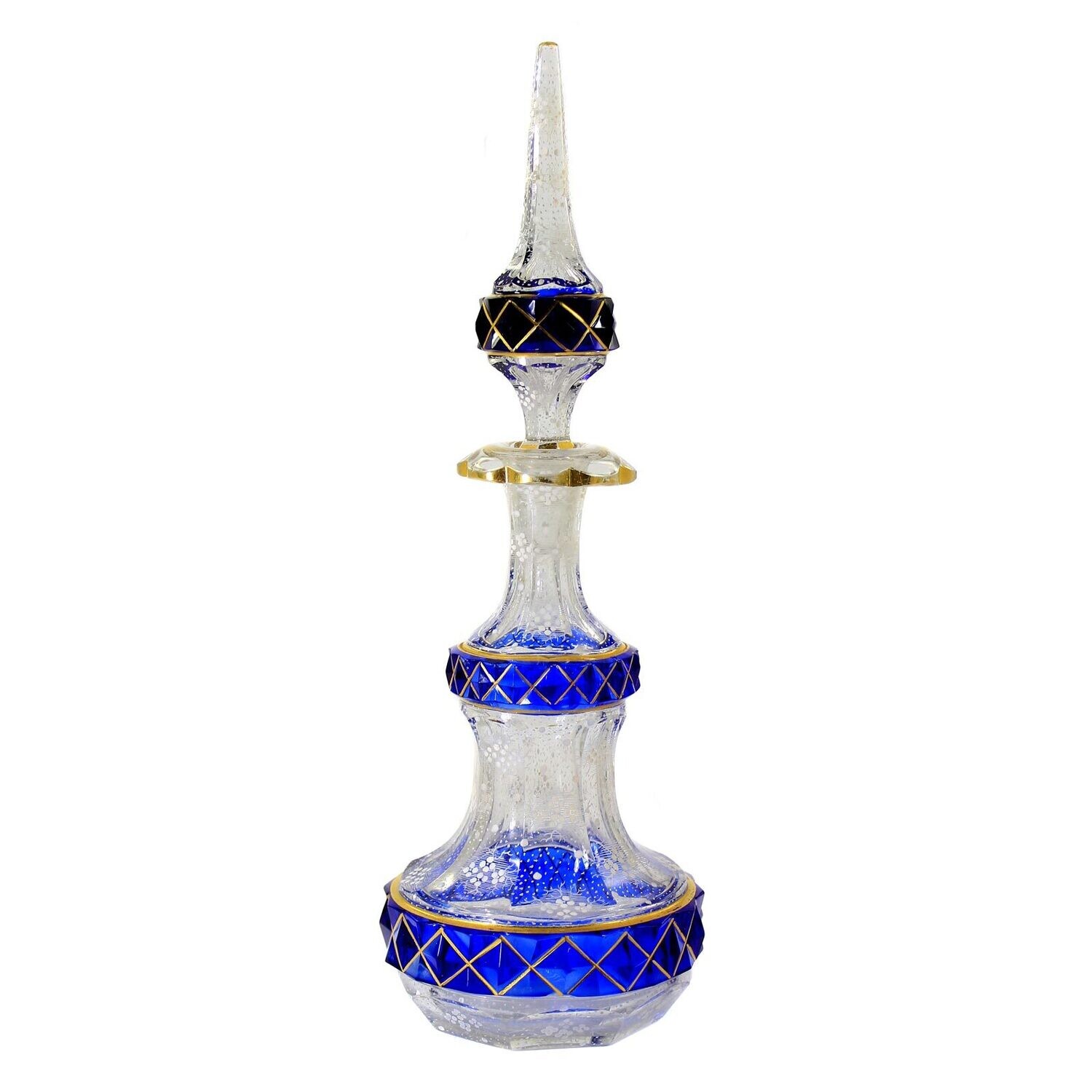 Tall bottle made of colourless glass with overlay and enamel painting, Russia around 1840