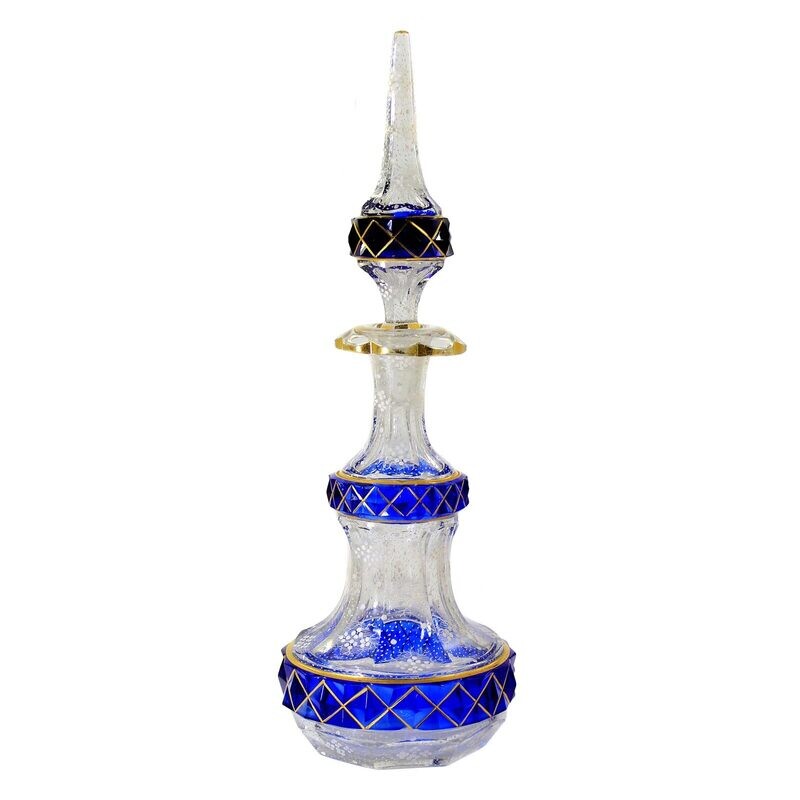 Tall bottle made of colourless glass with overlay and enamel painting, Russia around 1840