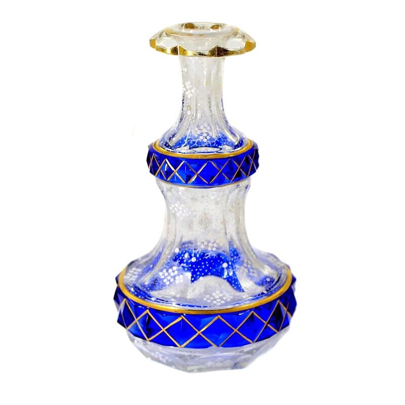 Tall bottle made of colourless glass with overlay and enamel painting, Russia around 1840
