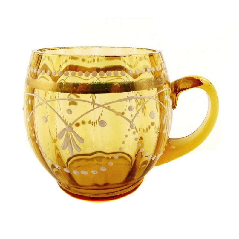 1st of 12. Handle mug made of honey yellow lustered glass with gold and enamel painting