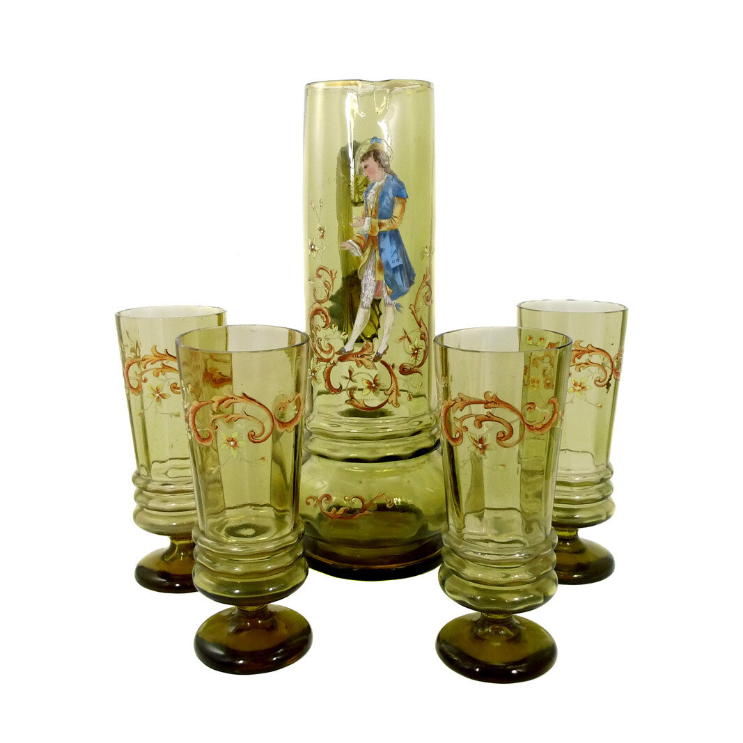 Large beer can and 4 glasses with enamel painting, Bavarian Forest around 1880-90