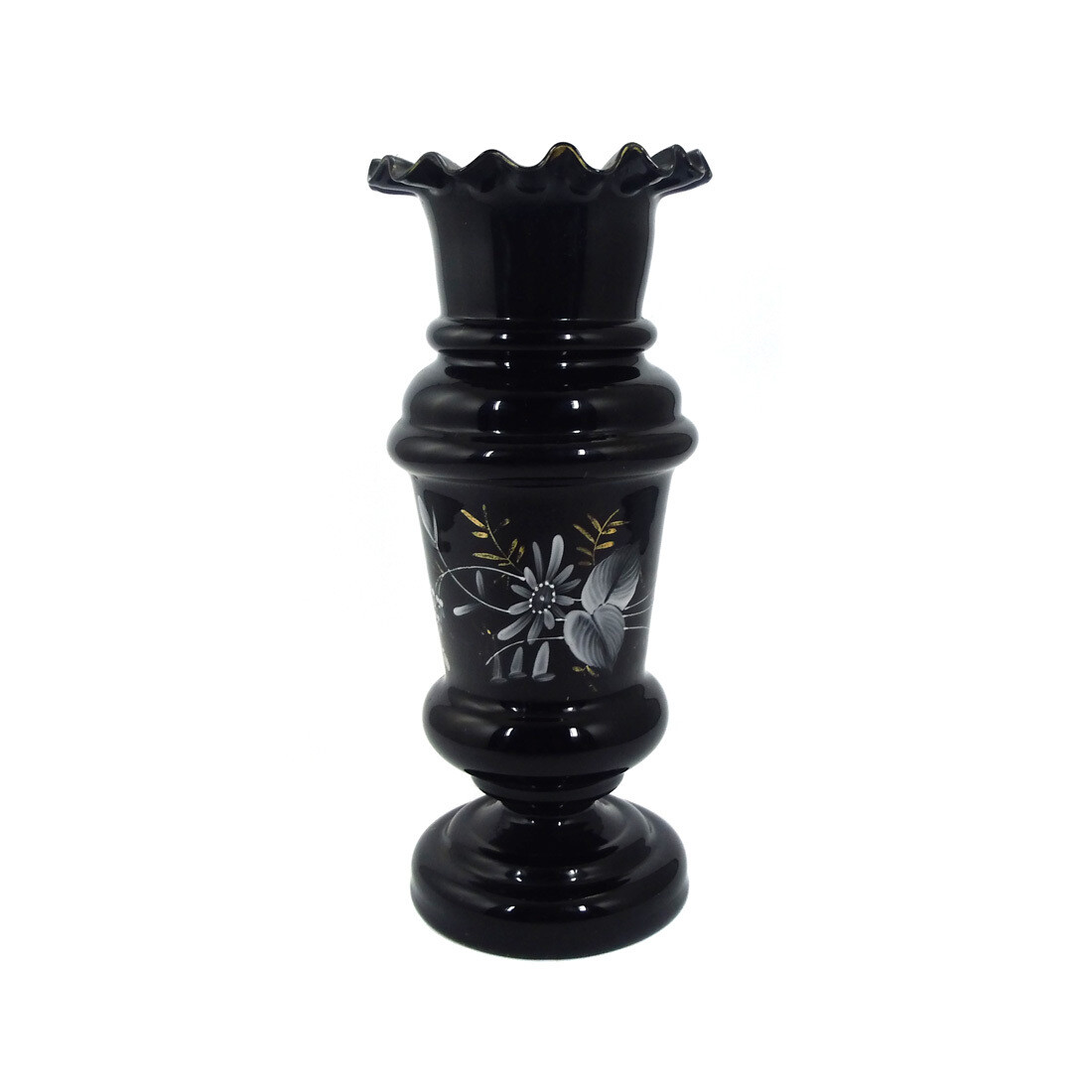 Baluster vase made of black glass, wavy edge, Bavarian Forest, late 19th century.