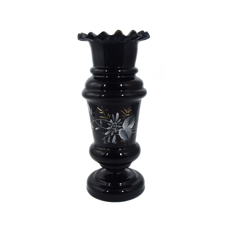 Baluster vase made of black glass, wavy edge, Bavarian Forest, late 19th century.