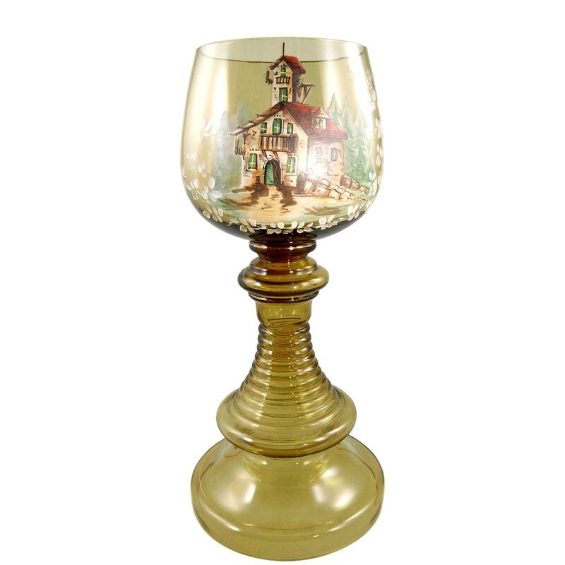 Large Roman / goblet made of antique green glass, view of the mill in enamel painting around 1890