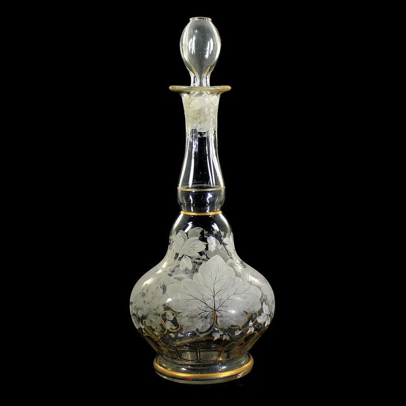 Large carafe with arched facets and transparent painting, Bohemia around 1870-90