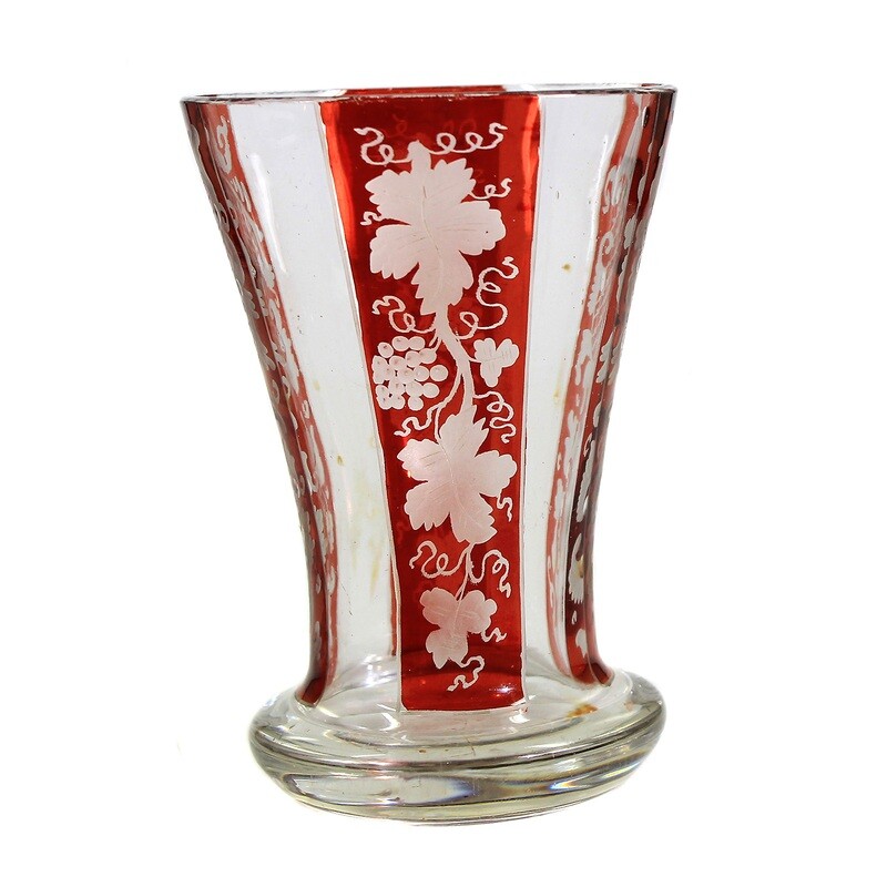 Cup made of colorless glass with ruby red glazed stripes, Bohemia around 1880.