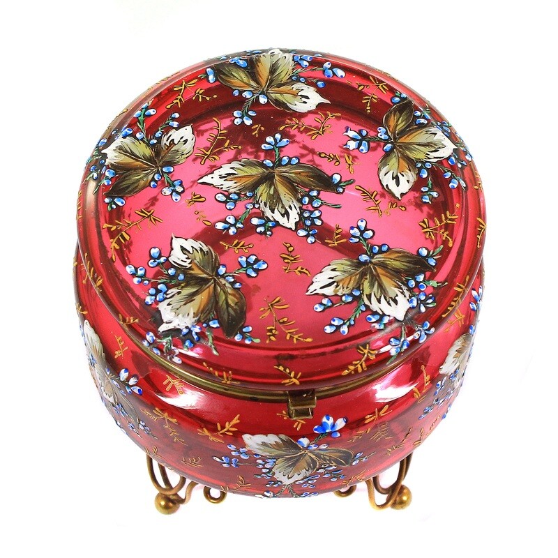 Lidded box made of rosalin-colored glass with impasto enamel painting, Bohemia