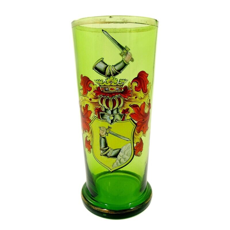 Cup made of dark green glass with a coat of arms depicted in polychrome enamel, Bohemia