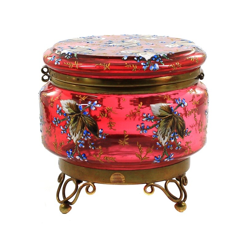 Lidded box made of rosalin-colored glass with impasto enamel painting, Bohemia