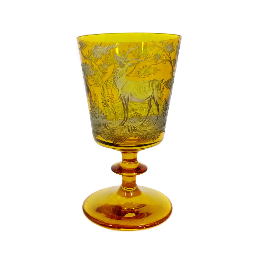 Large amber-colored glazed goblet with hunting deep-cut decoration.