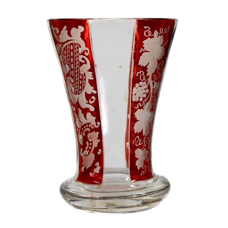 Cup made of colorless glass with ruby red glazed stripes, Bohemia around 1880.