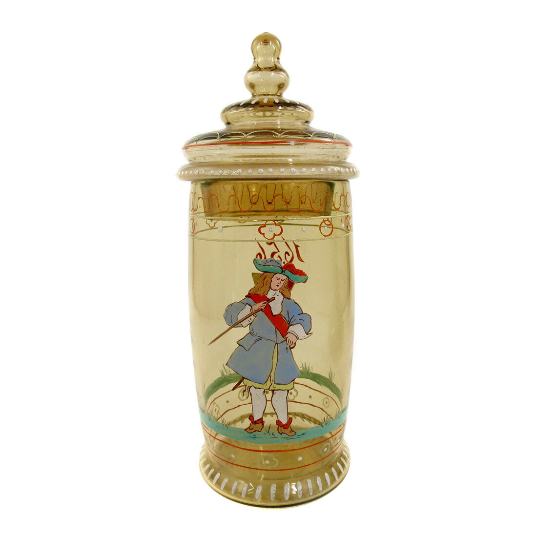 Small lidded tankard with opaque enamel painting, nobleman on a strip of grass and coat of arms