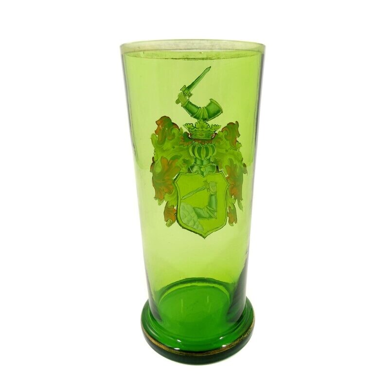 Cup made of dark green glass with a coat of arms depicted in polychrome enamel, Bohemia