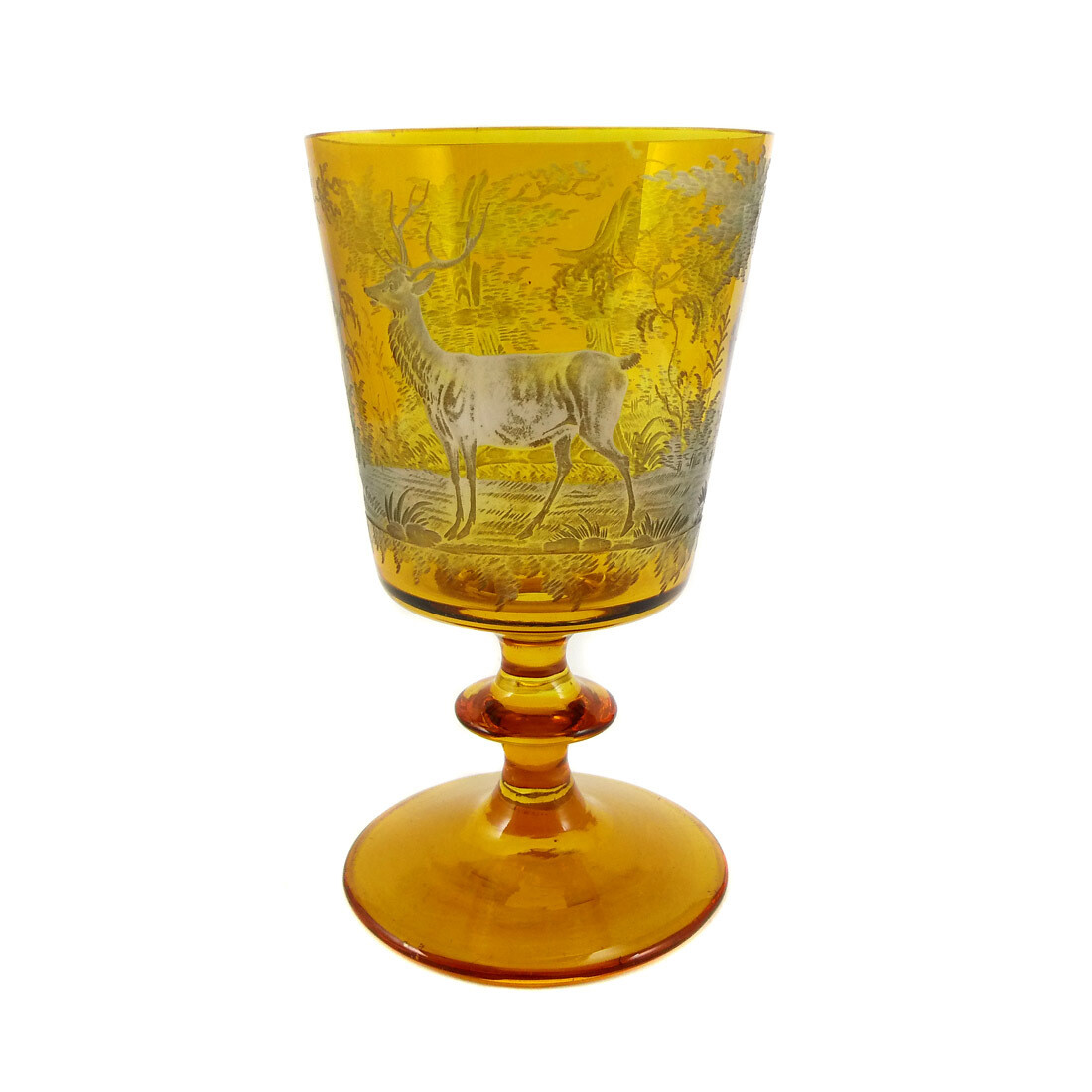 Large amber-colored glazed goblet with hunting deep-cut decoration.