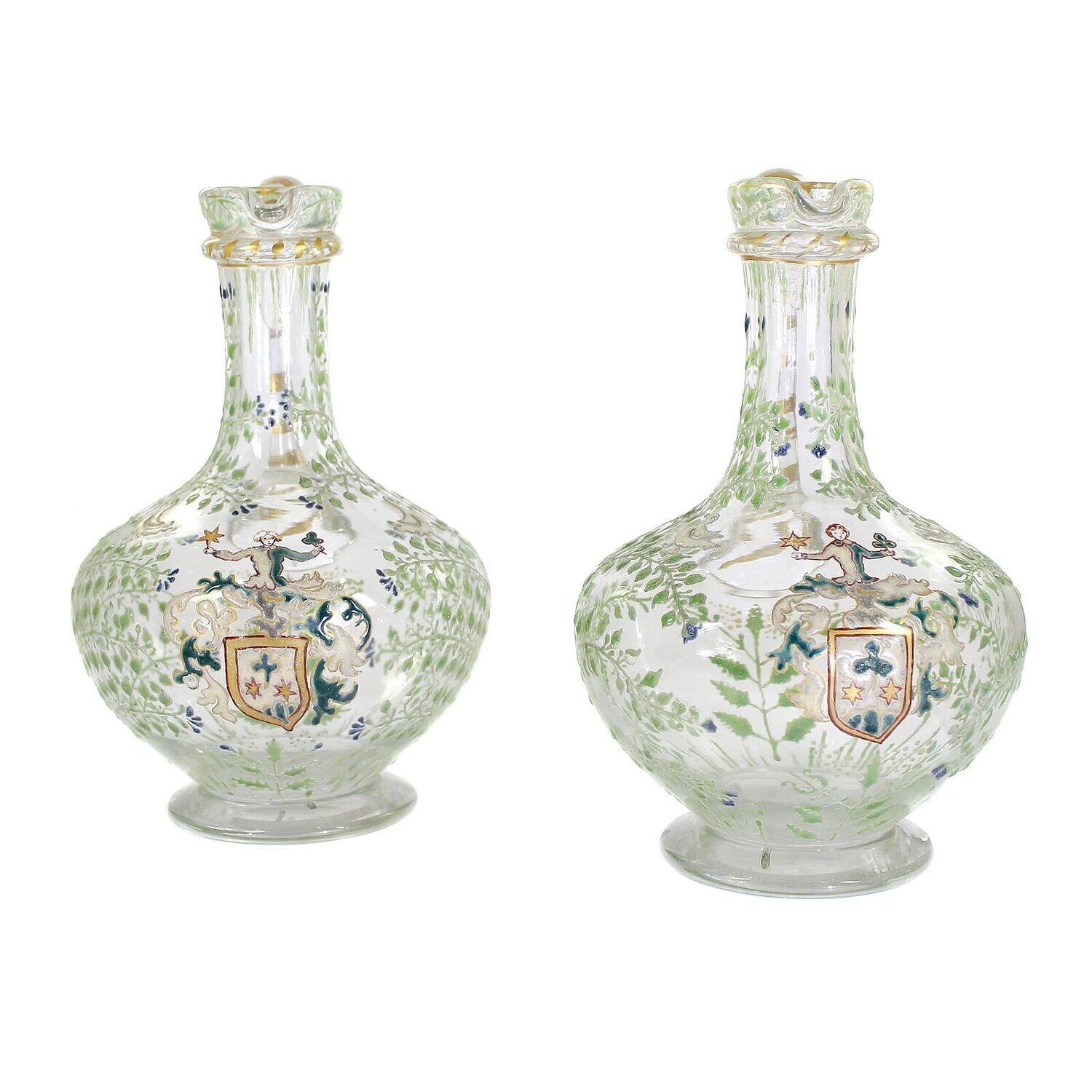 A pair of handle jugs with coat of arms and Renaissance painting around 1860-70.