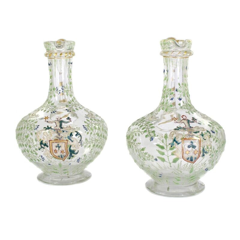 A pair of handle jugs with coat of arms and Renaissance painting around 1860-70.