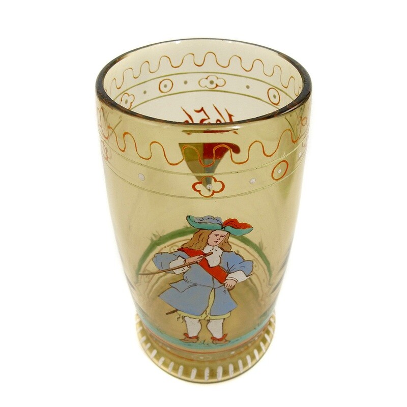 Small lidded tankard with opaque enamel painting, nobleman on a strip of grass and coat of arms
