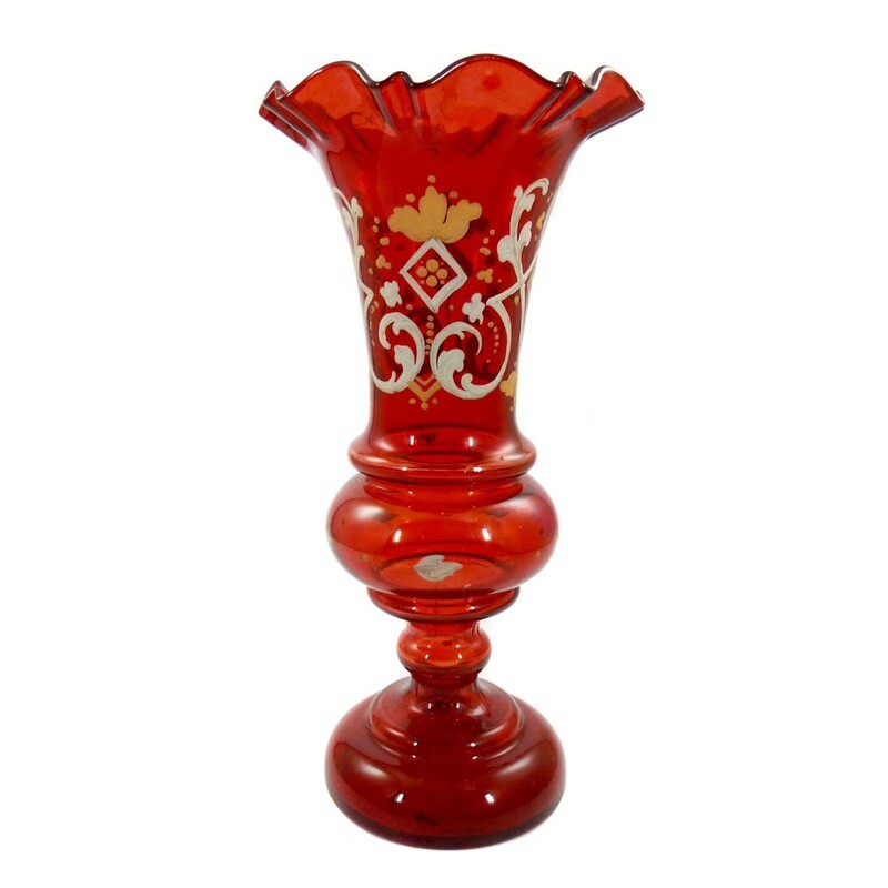 Ruby red baluster vase with opaque enamel painting, Bohemia, 2nd half of the 19th century.