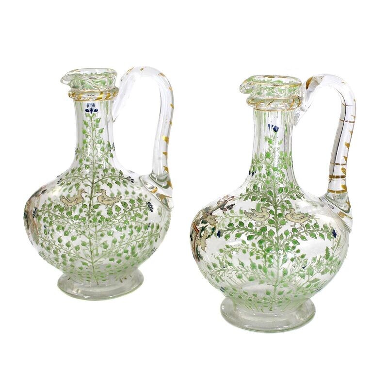 A pair of handle jugs with coat of arms and Renaissance painting around 1860-70.