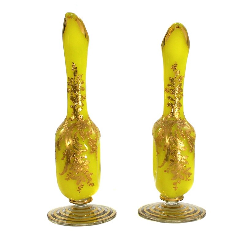 Pair of small handle bottles with yellow inner catch and impasto gold painting, Bohemia