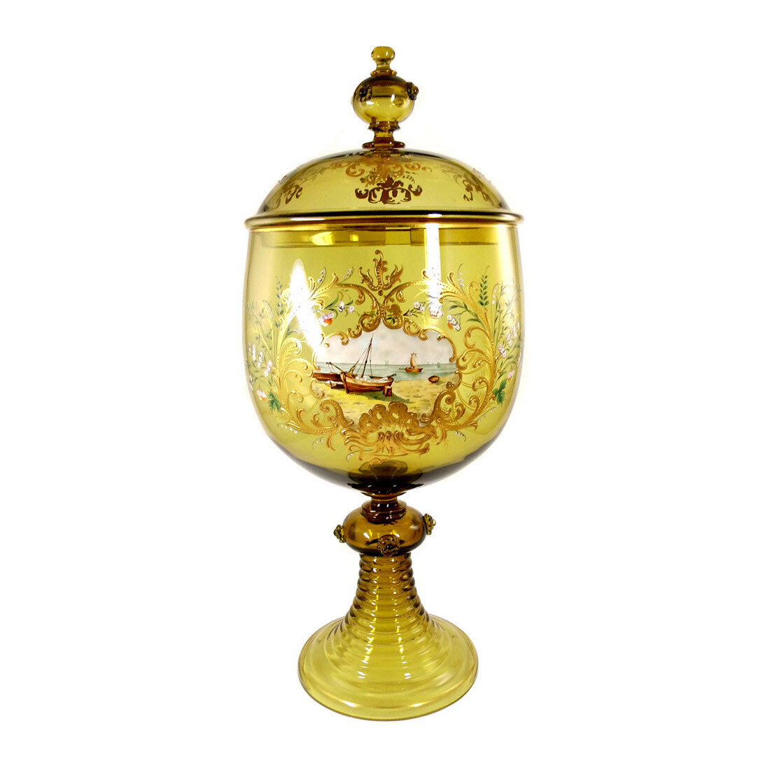 48 cm high punch bowl with painted cartouche, Josephinenhütte around 1885-1900