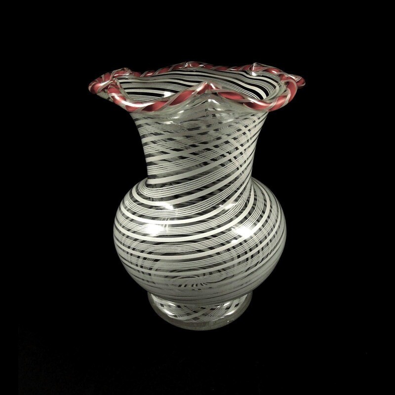 Vase with white glass threads and lace filigree, Josephinenhütte around 1850