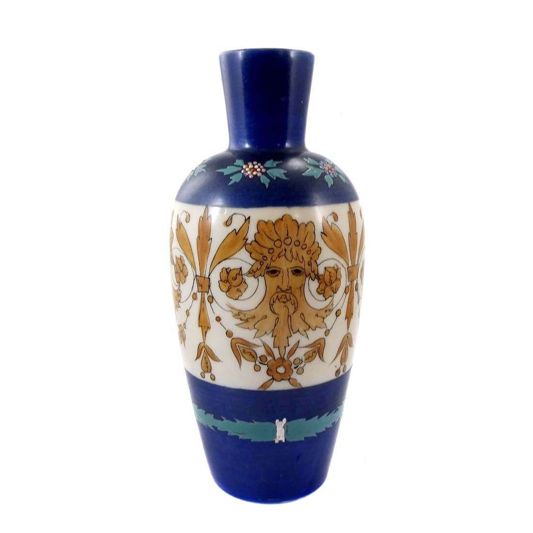 Large vase made of opaque white glass with blue background and mascarons, New World around 1870