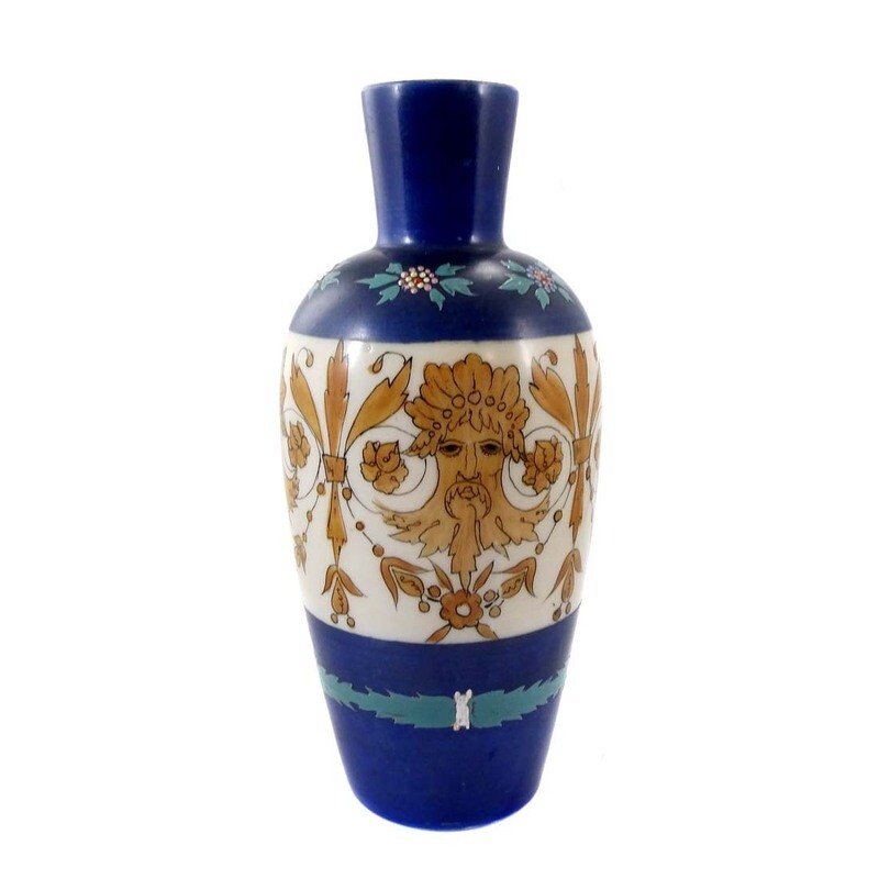 Large vase made of opaque white glass with blue background and mascarons, New World around 1870
