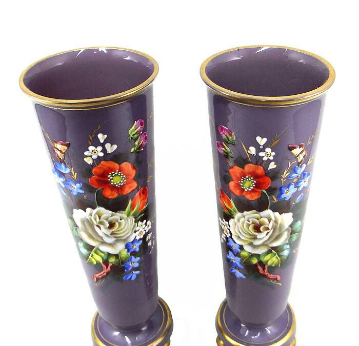 Pair of purple opal glass vases with opaque enamel painting, Neuwelt or Josephinenhütte