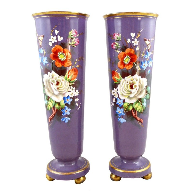 Pair of purple opal glass vases with opaque enamel painting, Neuwelt or Josephinenhütte