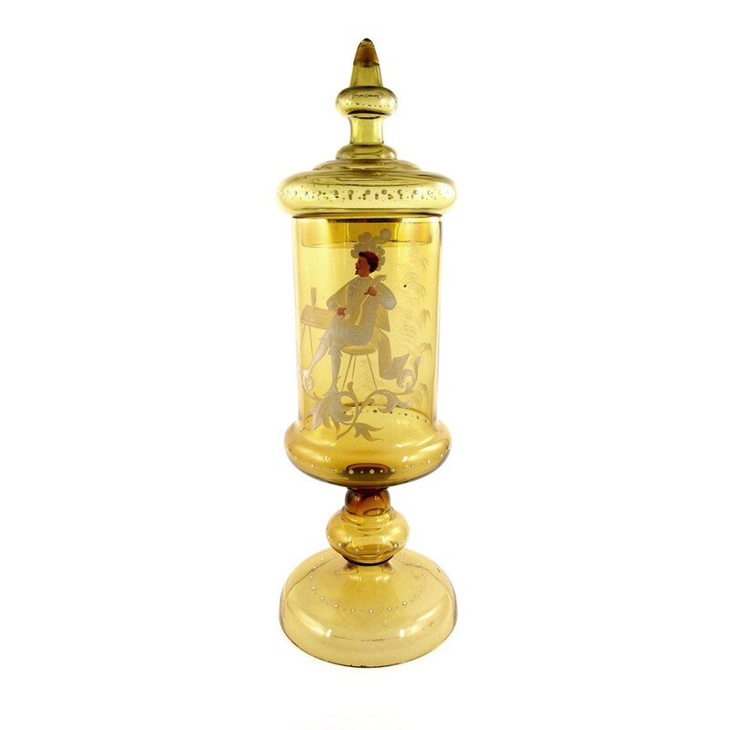 41 cm high lidded cup made of green-brown glass with snow painting, 1870-90
